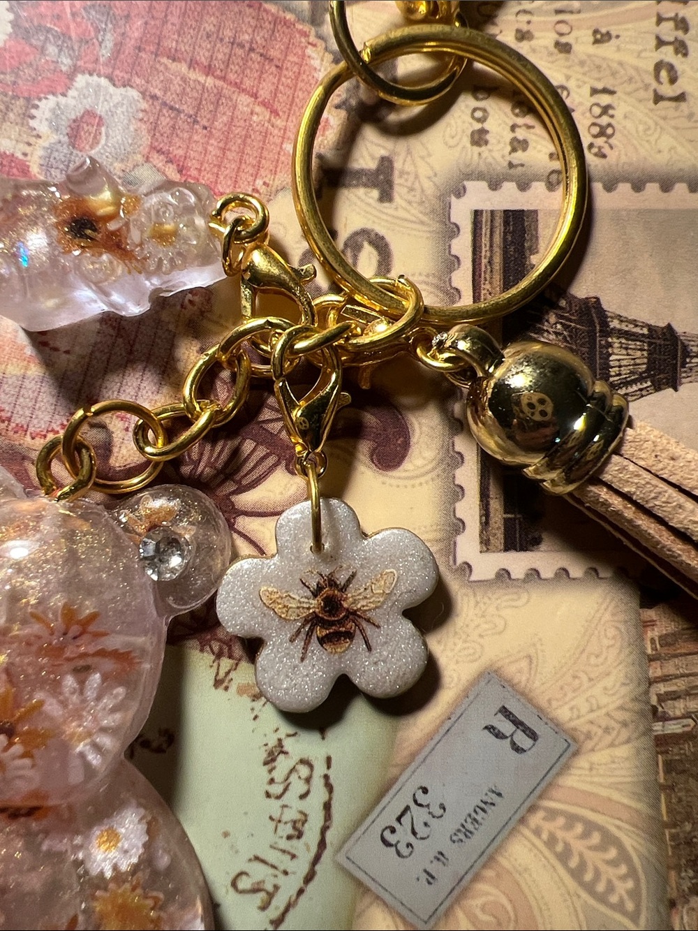 Gold Floral Resin Bear Keychain, backpack or purse Charm - Women's Accessory - Picture 2 of 5